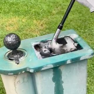 Golf fans react as group of golfers clubs in a BALL CLEANER